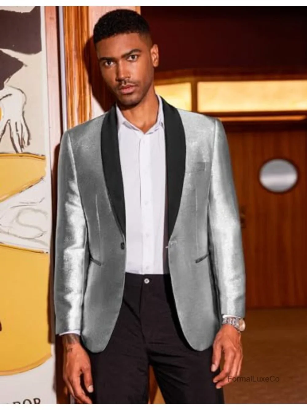 Men's Slim Fit Tuxedo Jacket Shawl Lapel Sequin Blazer Party Wedding Prom